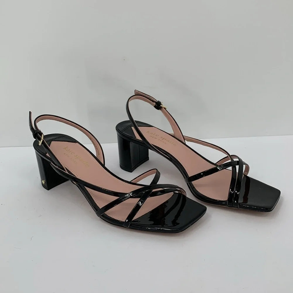 Kate Spade Renee strappy sandals block heel black patent slingback shoe square 9